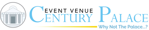 Logo for Century Palace Event Venue featuring a simple line drawing of a domed building on the left and the slogan Why Not The Palace..? in blue text on the right—perfect for receptions or rehearsal dinners.