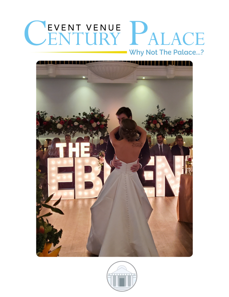 A bride and groom share their first dance in front of large illuminated THE EBEN letters, surrounded by flowers, at Century Palace Wedding Venue—a romantic choice for celebrations and rehearsal dinners in Bowling Green KY.